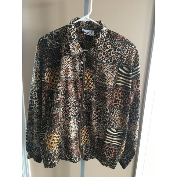 Teddi Lightweight Jacket Mixed Animal Print Brown Full Zip Fall Large 80s Style - Picture 9 of 9